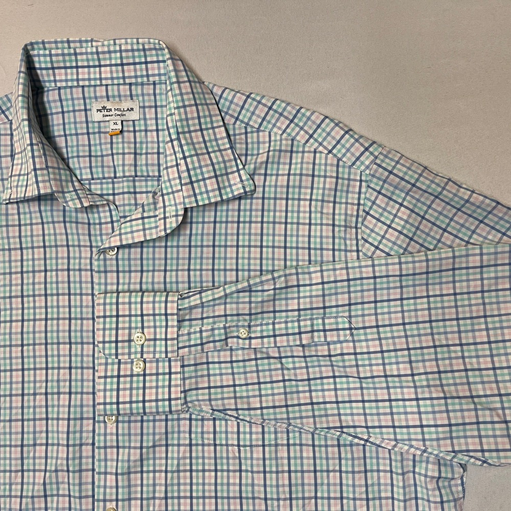 Peter Millar Summer Comfort Mens Blue Plaid Long Sleeve Button Down Size XL